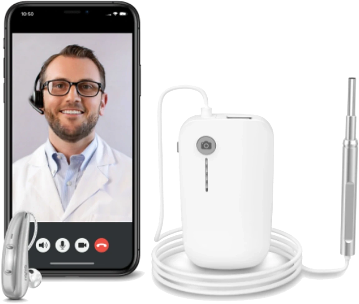 A video visit with a clinician, a hearing aid and a connected otoscope