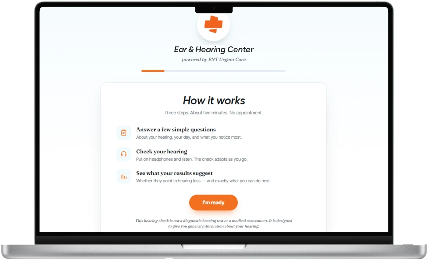 The online hearing check on a laptop, showing how it works in three steps