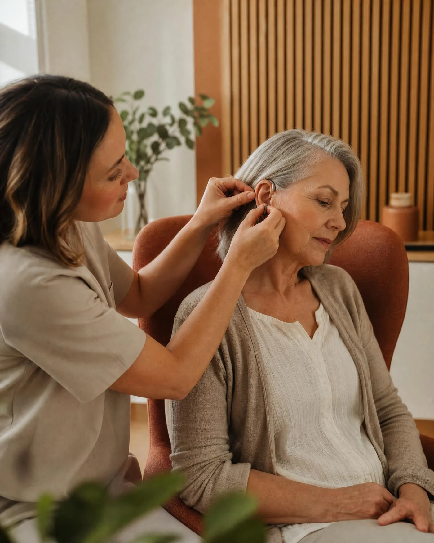 An audiologist fitting a hearing aid for an older patient