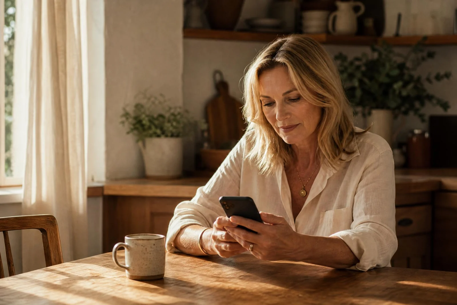 A woman at her kitchen table starting a hearing check on her phone