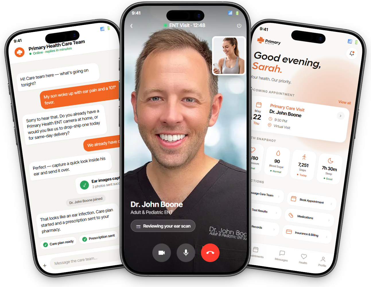 The Primary Health app — the 24/7 messaging concierge, a live video visit with Dr. John Boone, and the patient portal