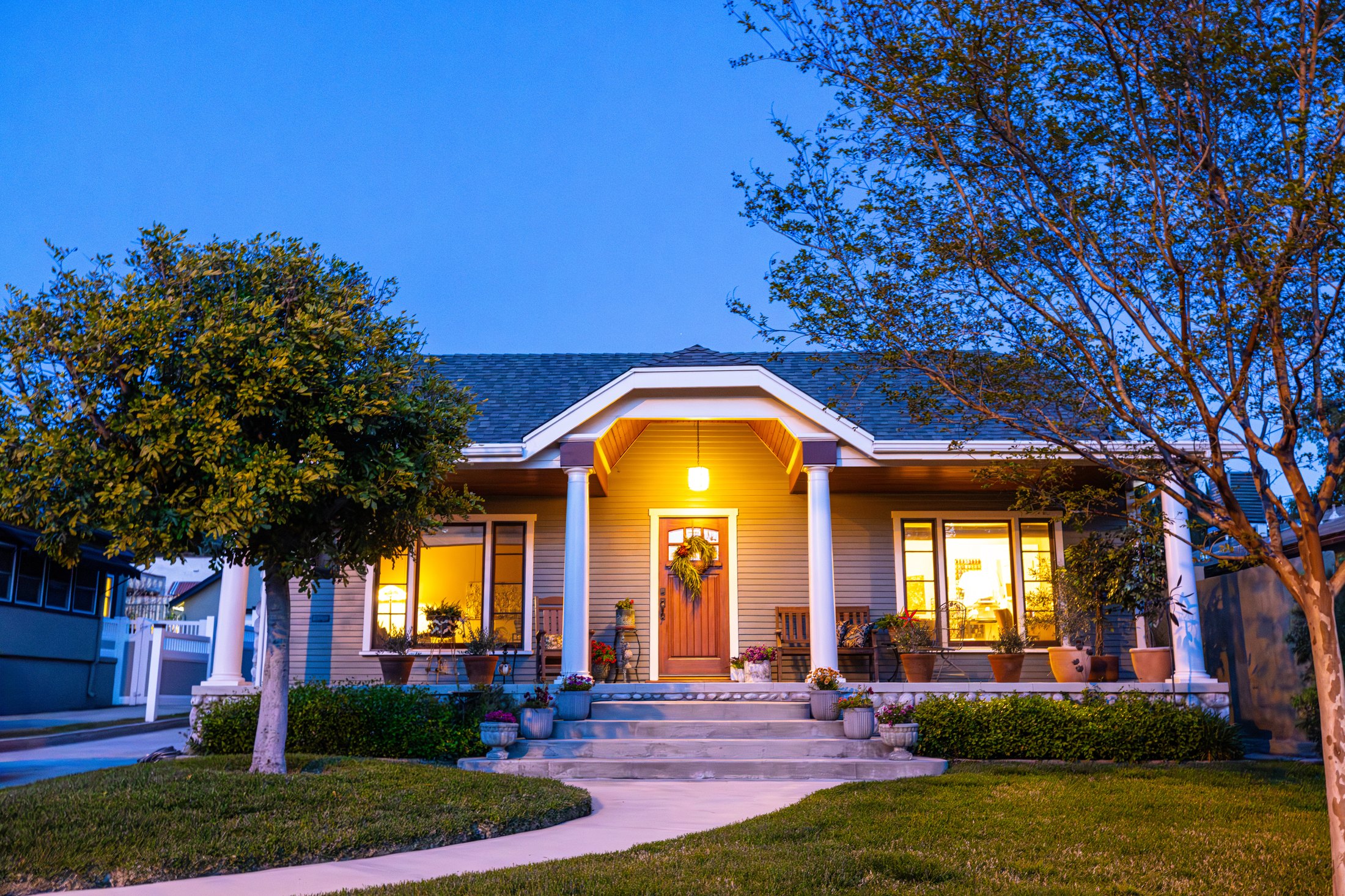 A craftsman home at dusk